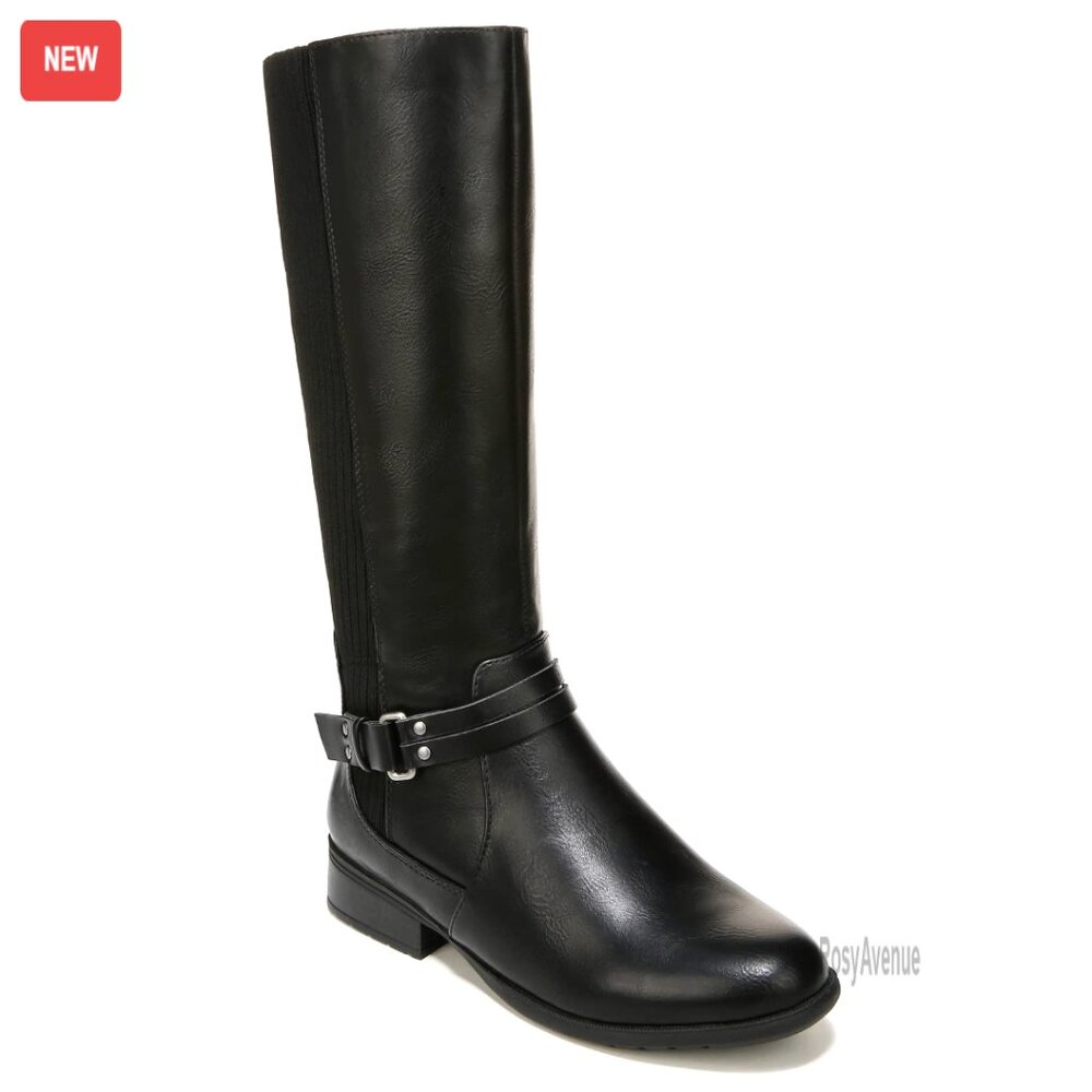 Knee-High Riding Boots with Stretch Knit Back, Side Zip, 1.25" Heel